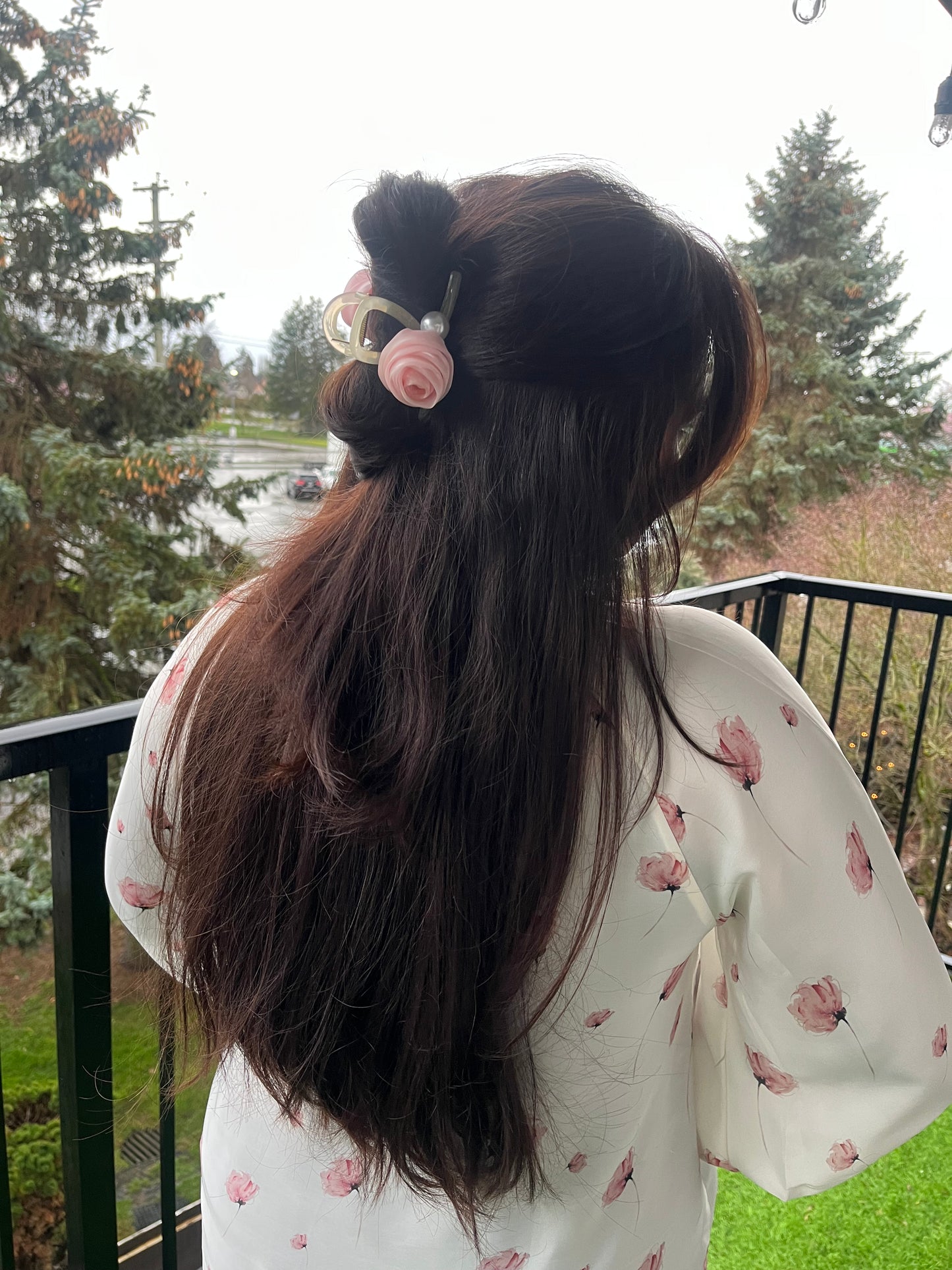 Satin Rose and Pearl Claw Clip